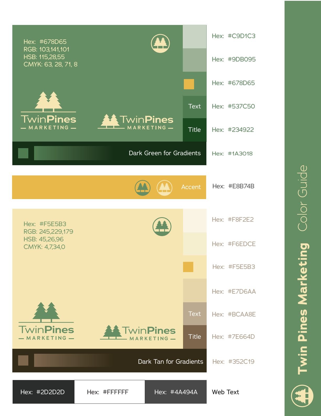 Color guide showing green and tan primaries with tint ramps, RGB HSB and CMYK values, and roles assigned for text, titles and gradients