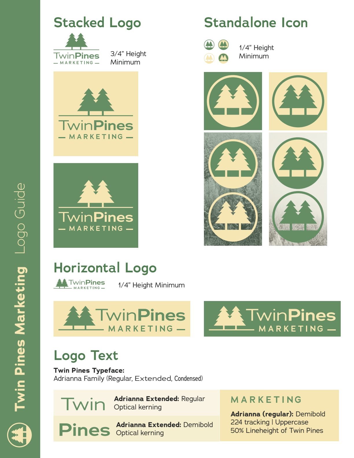 Logo guide page showing stacked, horizontal and standalone icon lockups in green and tan with minimum height rules